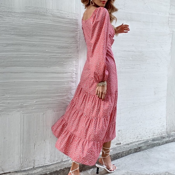 Boho Pink Polka Dot Sweetheart Neck Ruffle Dress - Picture 4 of 5